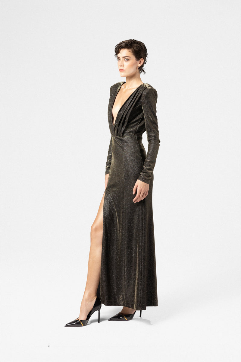 Evening dress in two tone fabric with gold and silver tones