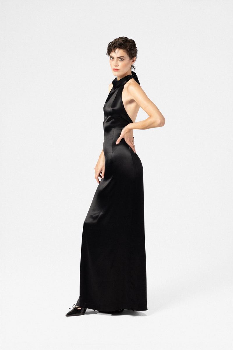 Maxi dress in satin viscose with open back
