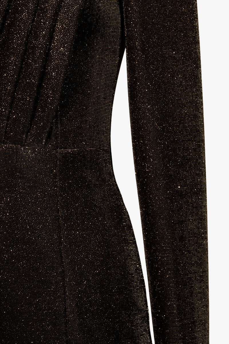 Evening dress in two tone fabric with gold and silver tones