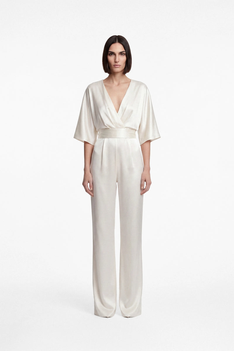 Satin jumpsuit with integrated waistband