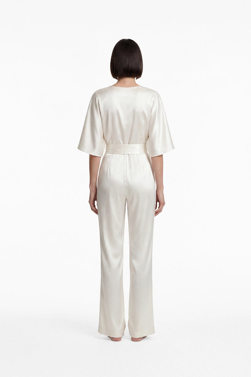 Satin jumpsuit with integrated waistband