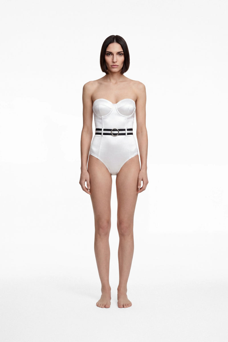Strapless swim bodysuit with contrast belt