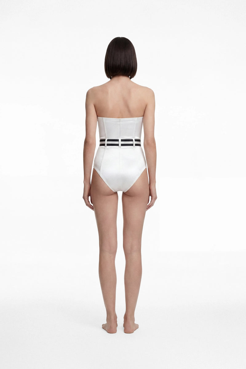 Strapless swim bodysuit with contrast belt
