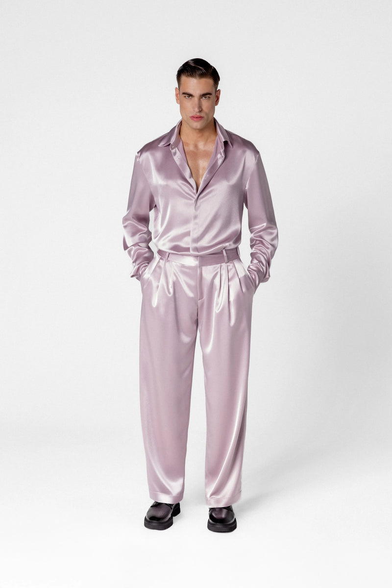 Men’s high waisted satin trousers