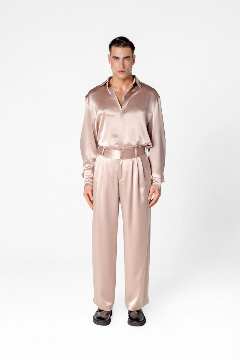 Men’s high waisted satin trousers