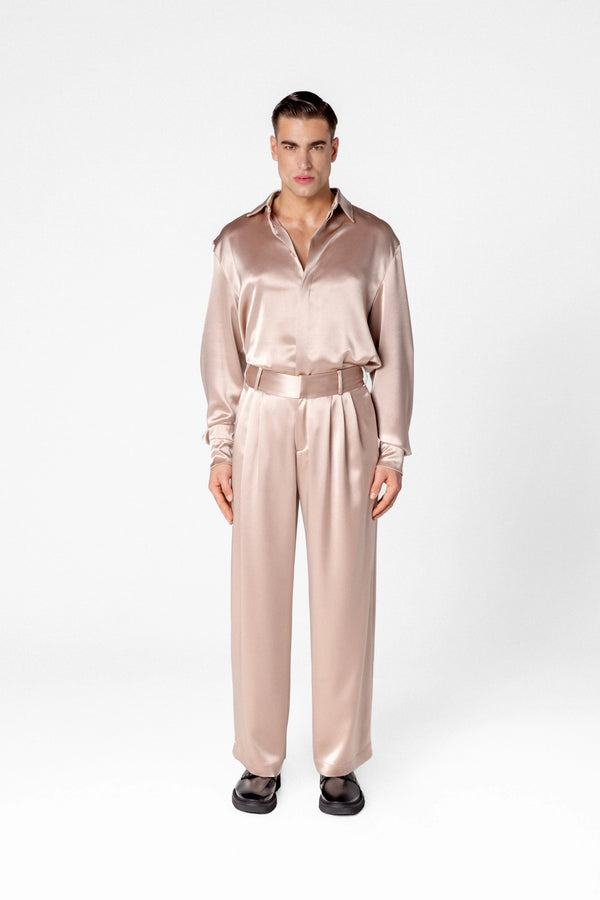 Men’s high waisted satin trousers