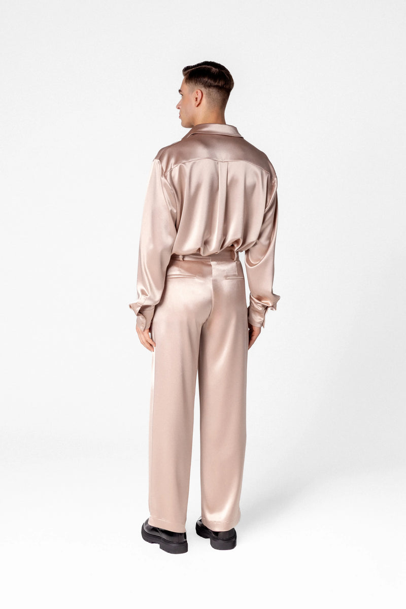 Men’s high waisted satin trousers