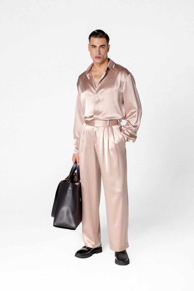 Men’s high waisted satin trousers