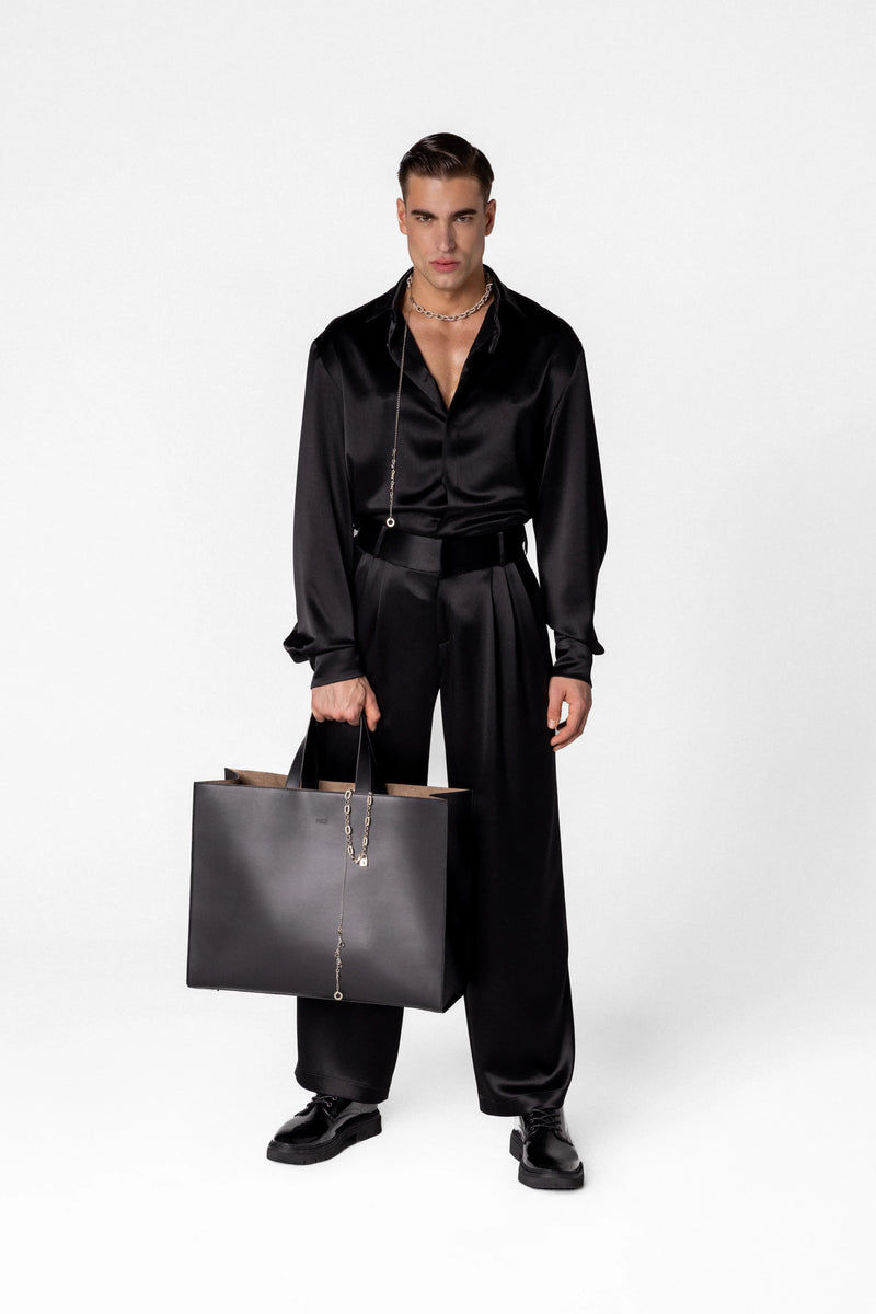 Men’s high waisted satin trousers