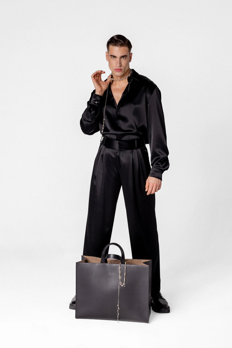 Men’s high waisted satin trousers