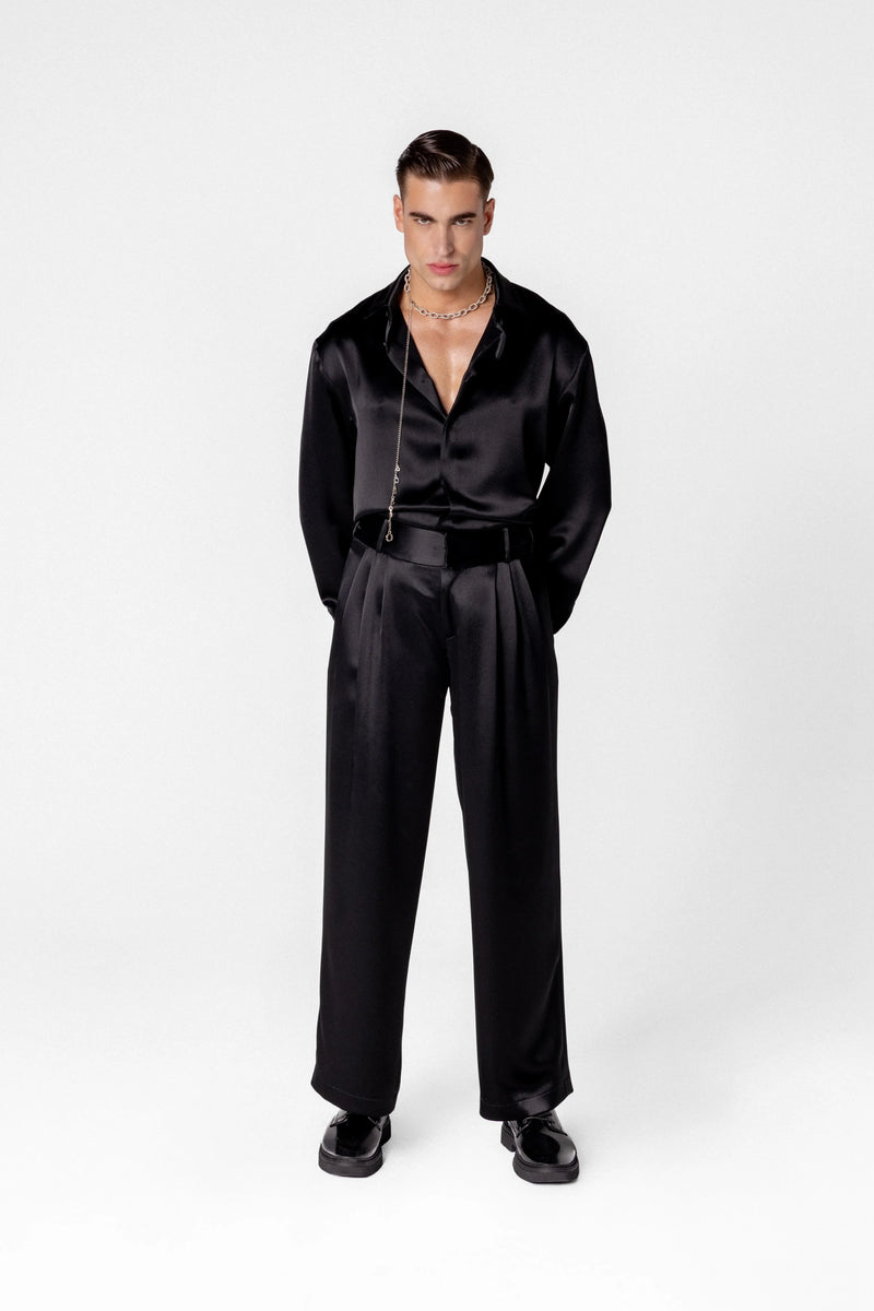 Men’s high waisted satin trousers