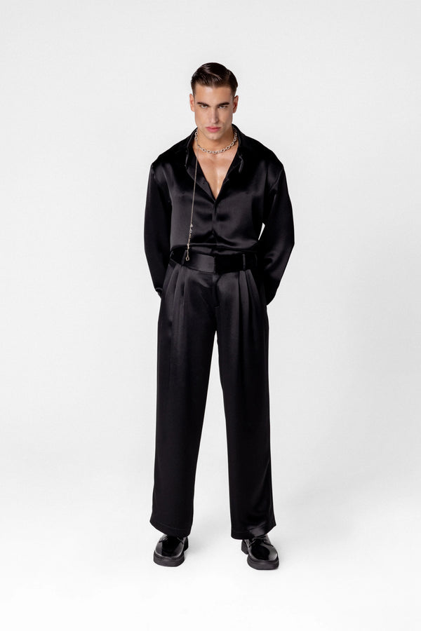Men’s high waisted satin trousers
