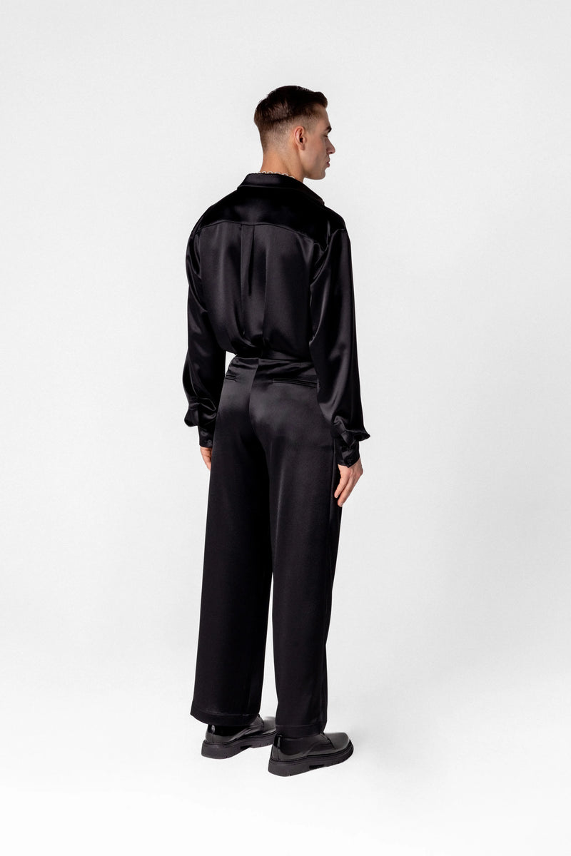 Men’s high waisted satin trousers