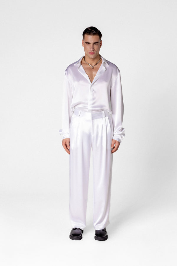 Men’s high waisted satin trousers