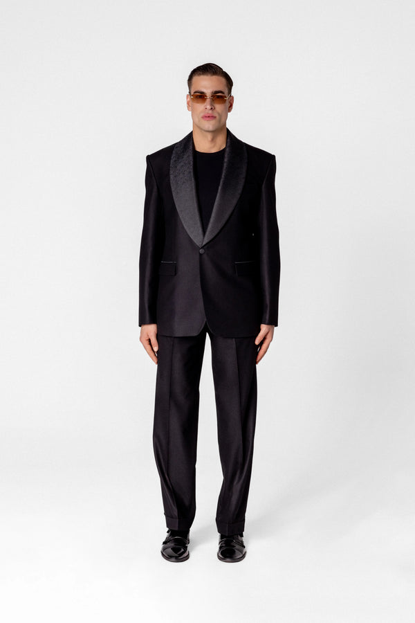 Men’s flannel wool blazer with shawl collar