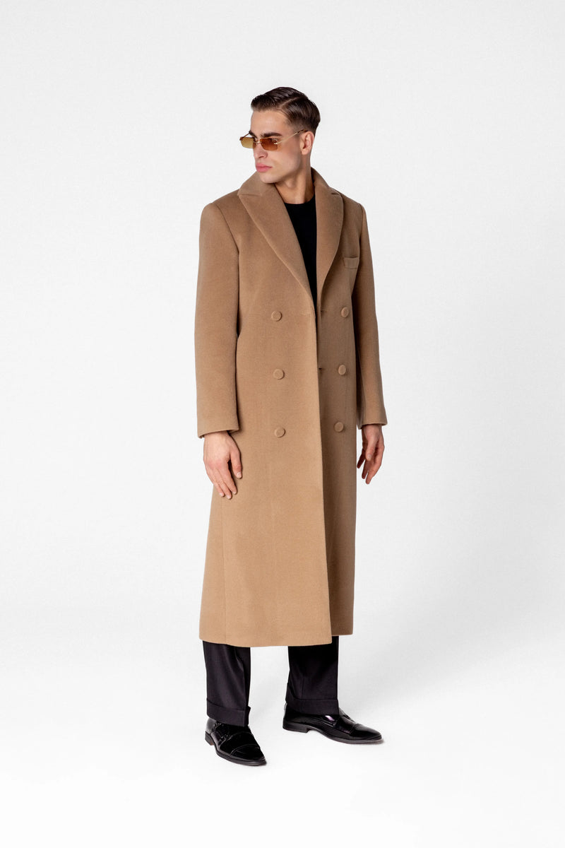 Double breasted men’s maxi coat in wool and cashmere