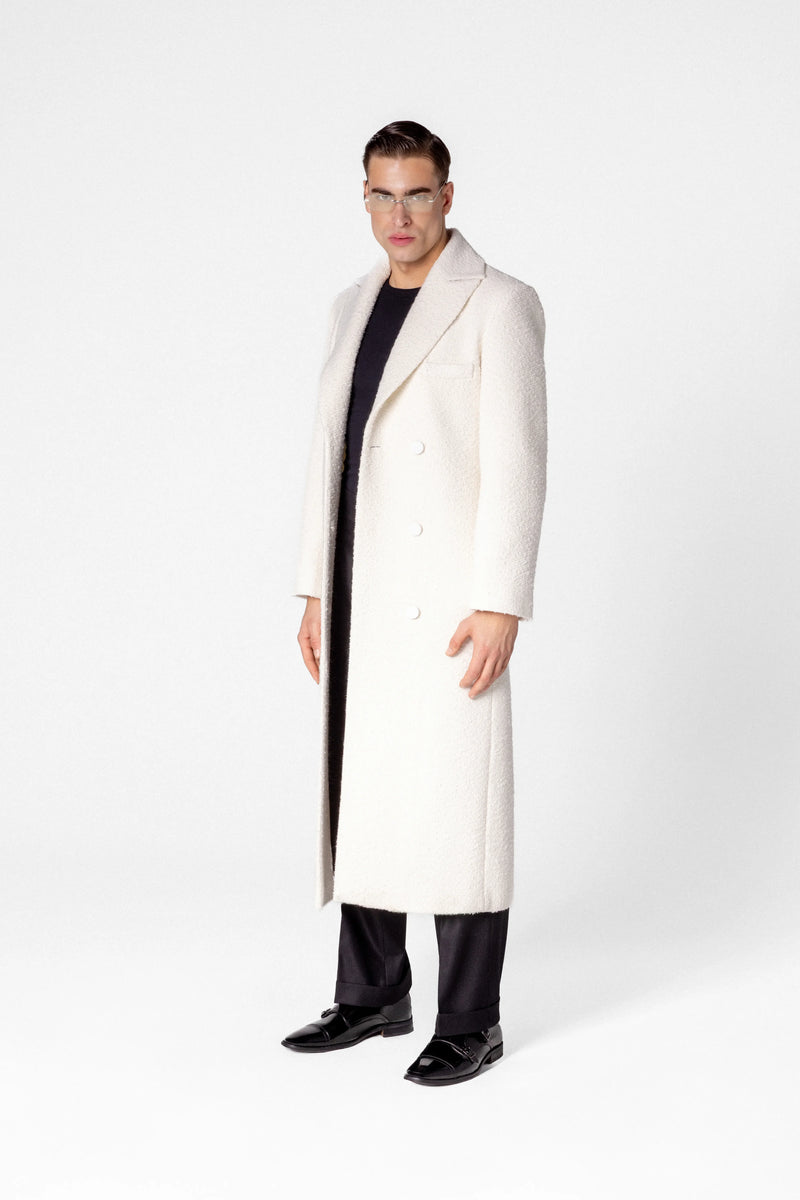 Double breasted men’s bouclé maxi coat