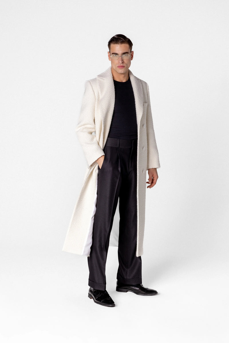 Double breasted men’s bouclé maxi coat