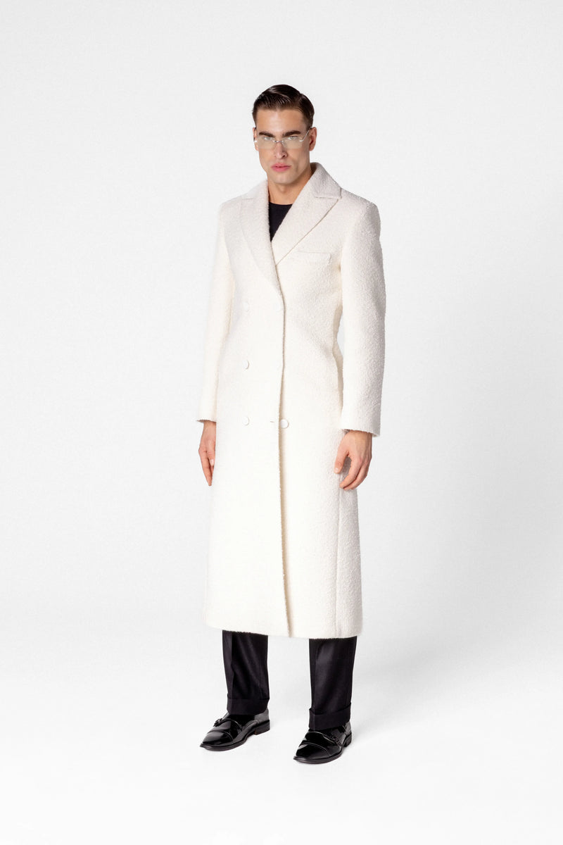 Double breasted men’s bouclé maxi coat