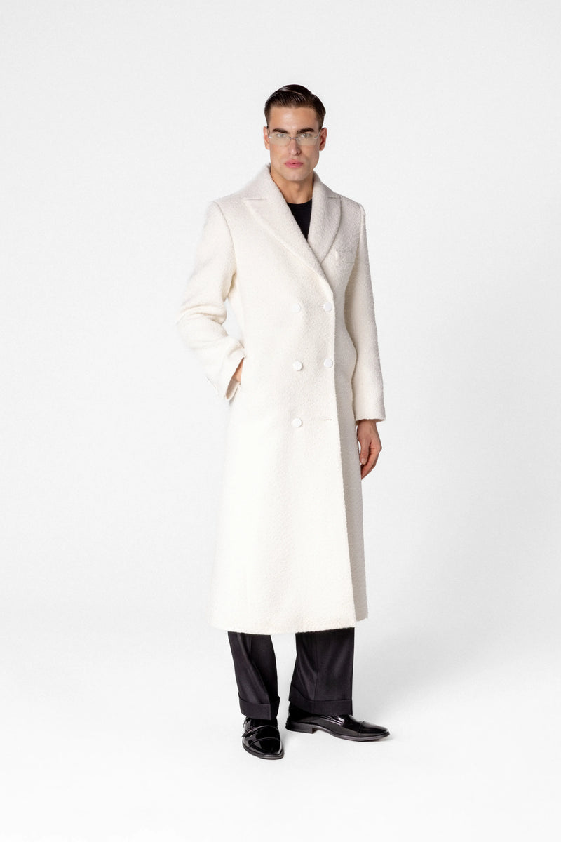 Double breasted men’s bouclé maxi coat