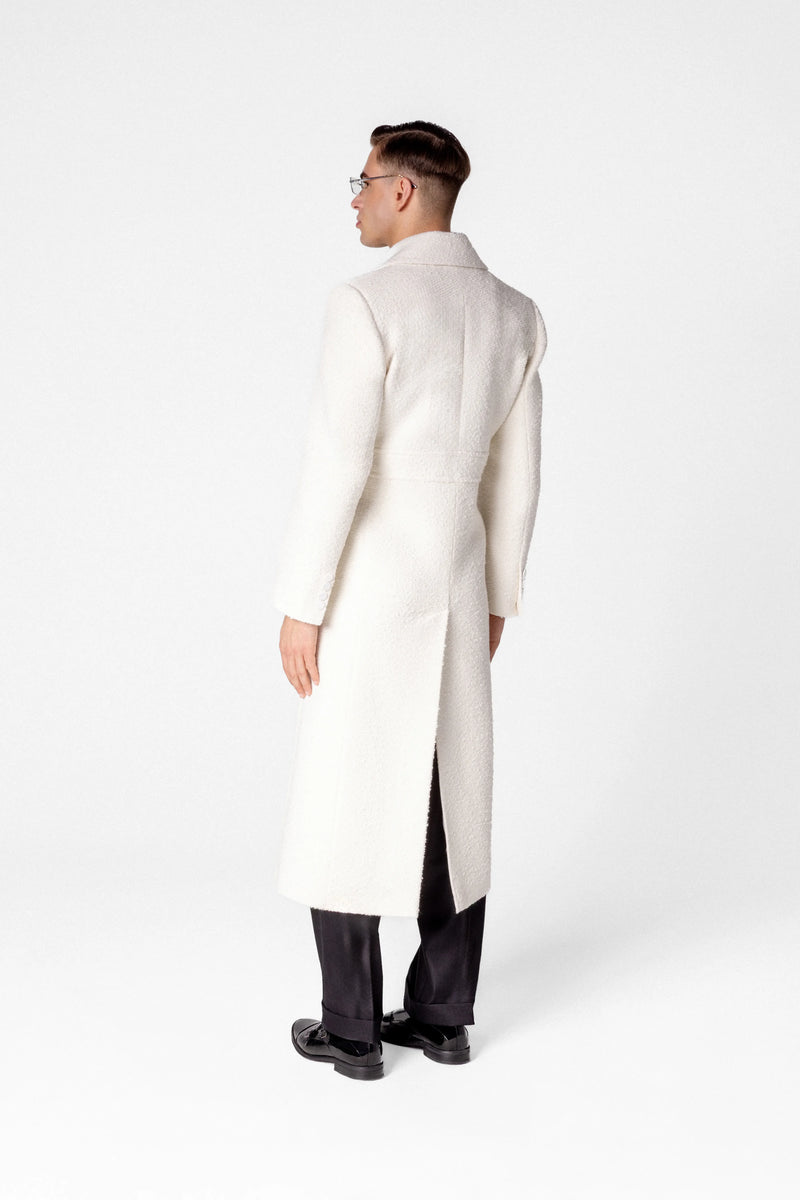 Double breasted men’s bouclé maxi coat