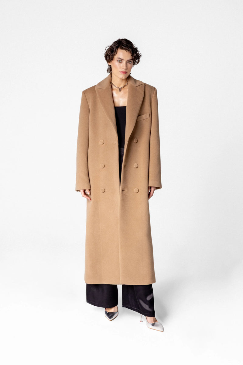 Double breasted women's wool and cashmere maxi coat