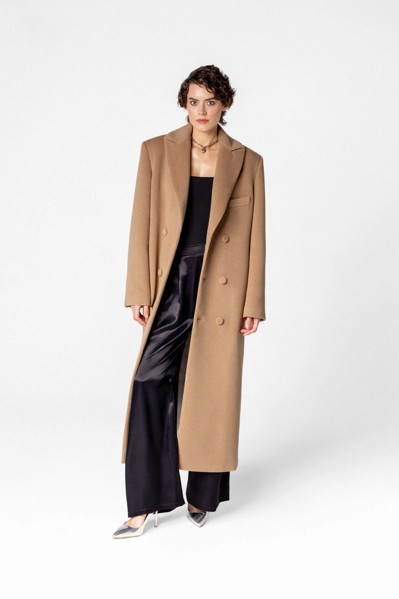 Double breasted women's wool and cashmere maxi coat