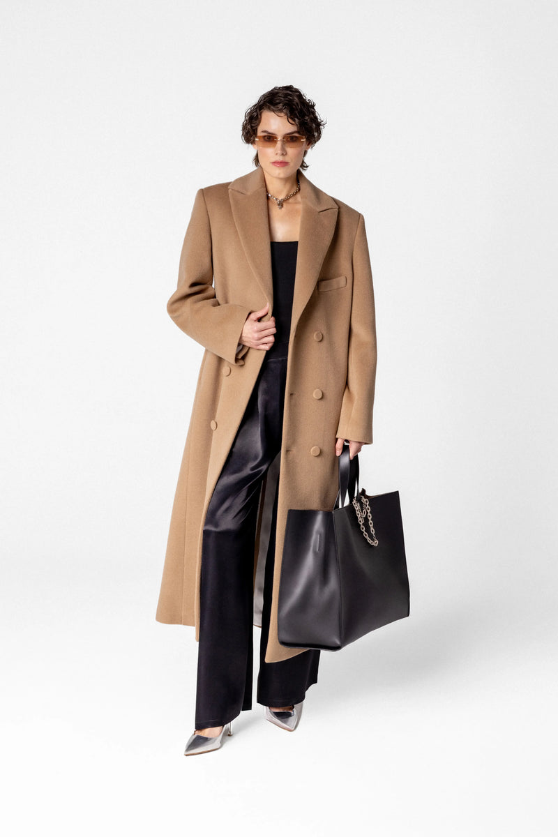 Double breasted women's wool and cashmere maxi coat