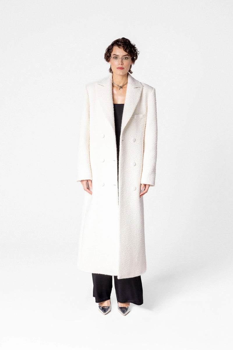 Double breasted women's bouclé maxi coat